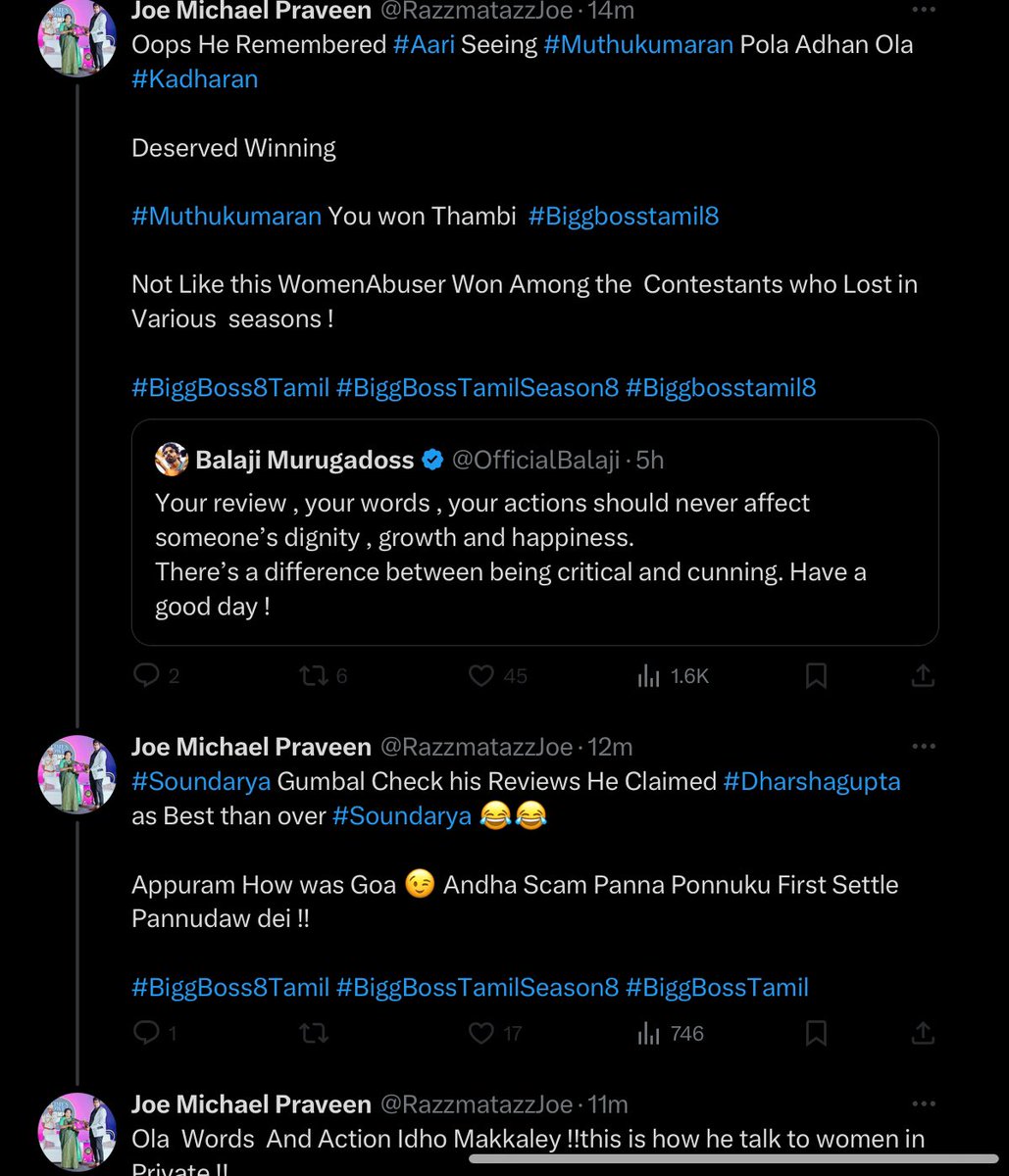 Bbreview1833201's tweet photo. A classic way of gaslighting and blackmailing. @OfficialBalaji didn’t mention any name but look how joe manipulated it by mentioning #aari #soundarya &amp; #muthu to make fans go against balaji &amp; next post 2 to not allow him 2 defend by throwing past   #BiggBossTamil8 #BiggBoss8Tamil https://t.co/Ok7eA0CcLj