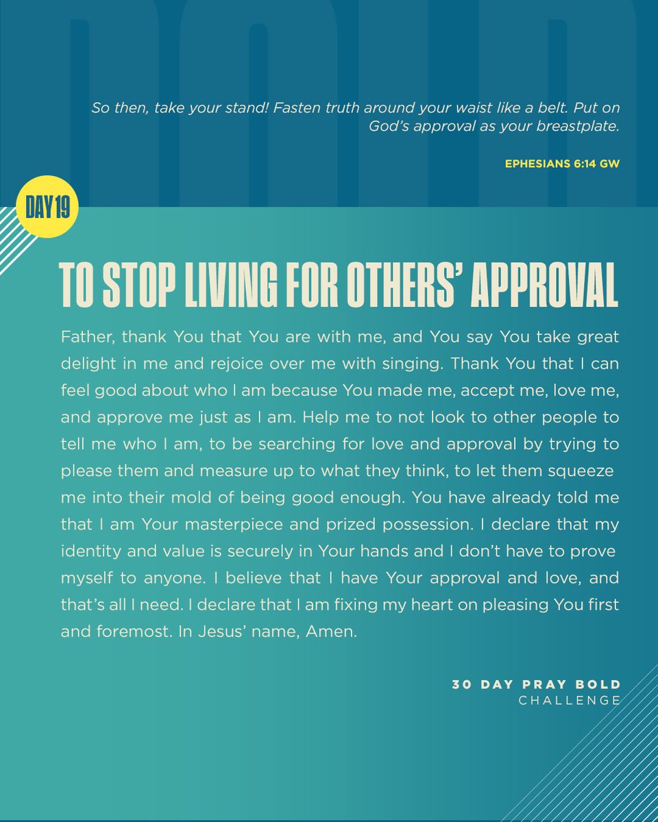 Joel Osteen (@joelosteen) on Twitter photo Day 19 - To Stop Living for Others’ Approval
We are His masterpiece and prized possession! 
JoelOsteen.com/PrayBoldChalle… Day 19 - To Stop Living for Others’ Approval
We are His masterpiece and prized possession! 
JoelOsteen.com/PrayBoldChalle…