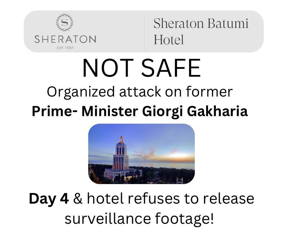 Natia Mezvrishvili (@n_mezvrishvili) on Twitter photo It has been 4 days since the attack on Georgia's former Prime Minister & Interior Minister & opposition leader <a href="/GakhariaGiorgi/">Giorgi Gakharia</a>, yet the Sheraton Hotel Batumi has failed to disclose or provide the surveillance footage. Inactivity raises serious suspicions about alleged It has been 4 days since the attack on Georgia's former Prime Minister & Interior Minister & opposition leader <a href="/GakhariaGiorgi/">Giorgi Gakharia</a>, yet the Sheraton Hotel Batumi has failed to disclose or provide the surveillance footage. Inactivity raises serious suspicions about alleged