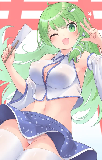 正月には諏訪子様を描いたので今回は早苗さん(服の丈が短め)をどうぞ。 