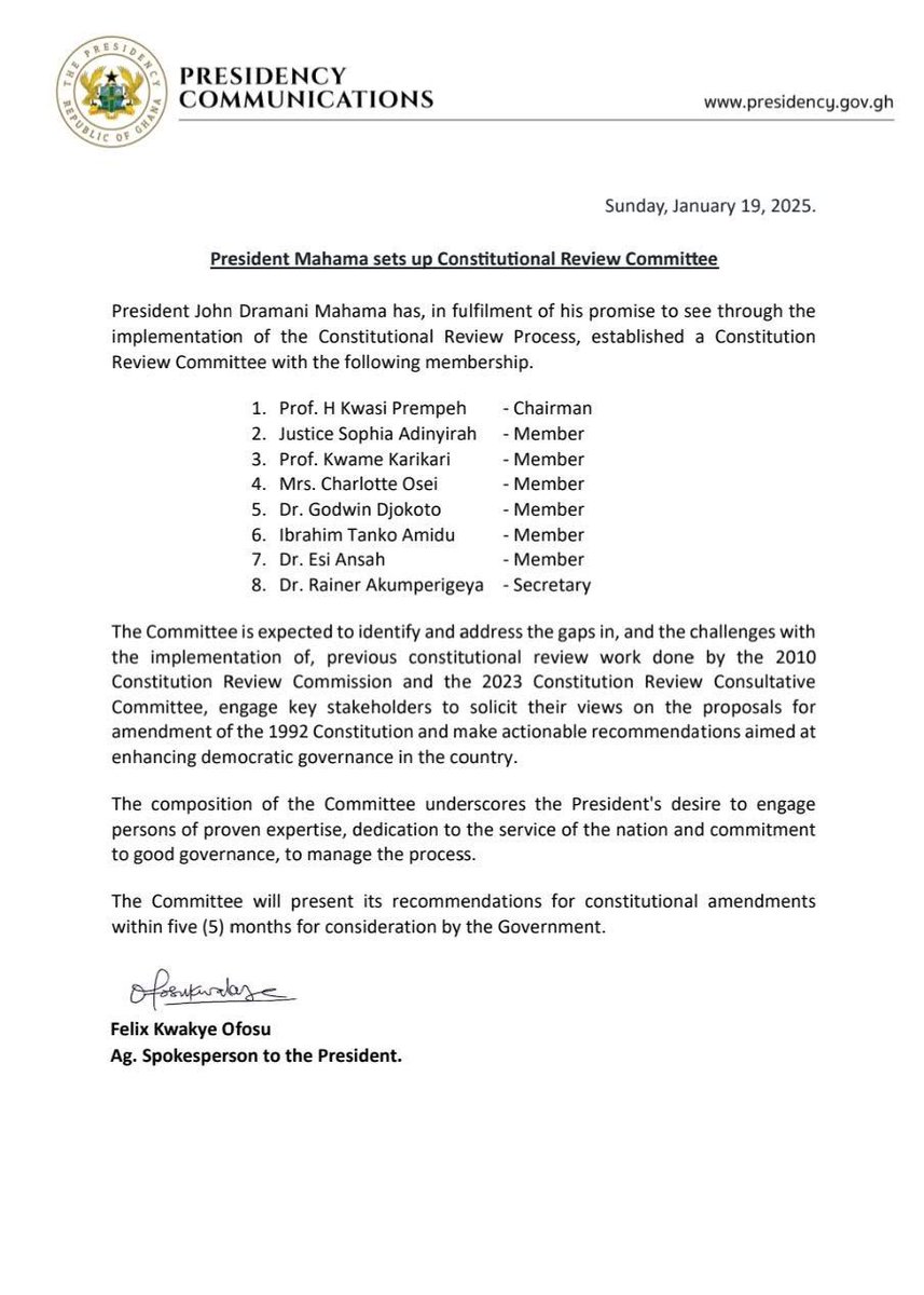 JUST IN: President Mahama sets up Constitutional Review Committee.

#JoyNews