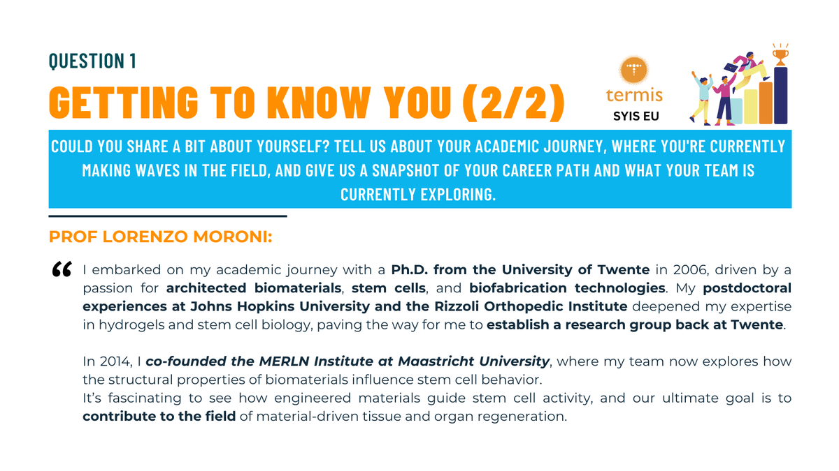 TERMIS SYIS EU (@syiseu) on Twitter photo Let’s start our interview dive into the third #TERMISEU Past Awardee! Prof Lorenzo Moroni (<a href="/MoroniGroup/">Moroni Lab</a>).
📷Professor at <a href="/MaastrichtU/">Maastricht University</a>, <a href="/MERLN_UM/">MERLN</a> Scientific Director, <a href="/MoroniGroup/">Moroni Lab</a> leader.
❓Question: The academic journey and team focus. ⏭️Don’t miss Q&A N. 2. coming tomorrow! Let’s start our interview dive into the third #TERMISEU Past Awardee! Prof Lorenzo Moroni (<a href="/MoroniGroup/">Moroni Lab</a>).
📷Professor at <a href="/MaastrichtU/">Maastricht University</a>, <a href="/MERLN_UM/">MERLN</a> Scientific Director, <a href="/MoroniGroup/">Moroni Lab</a> leader.
❓Question: The academic journey and team focus. ⏭️Don’t miss Q&A N. 2. coming tomorrow!