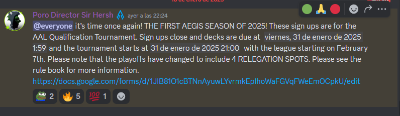 Santupea (@santupea) on Twitter photo LETS GOOOOOOOOOO! The <a href="/AegisEsportsLoR/">Aegis Esports - Legends of Runeterra</a> is coming back in 2025!
We already have the first registration link: docs.google.com/forms/d/1JIB81…
#LoR #LegendsOfRuneterra LETS GOOOOOOOOOO! The <a href="/AegisEsportsLoR/">Aegis Esports - Legends of Runeterra</a> is coming back in 2025!
We already have the first registration link: docs.google.com/forms/d/1JIB81…
#LoR #LegendsOfRuneterra