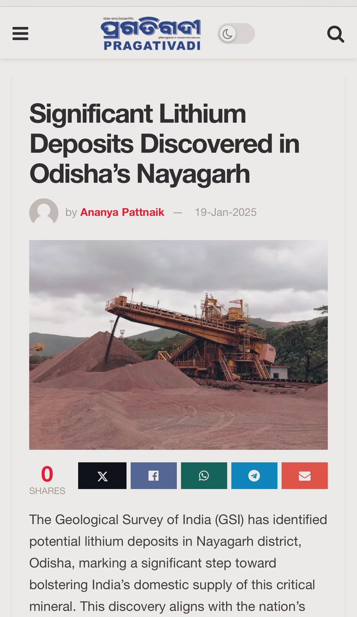 Odisha - the mineral hub of India!! 

Huge deposits of lithium discovered in Nayagarh, Odisha by Geological Survey of India. 

This discovery will boost India's EV battery production and reducing reliance on imports.