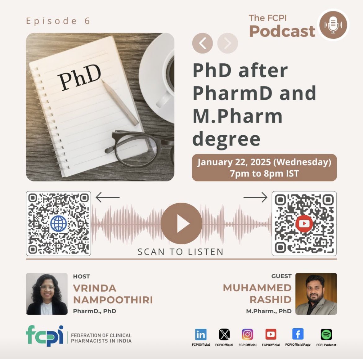 🎙️ Got Questions? We’ve Got Answers!
Our next podcast episode is just around the corner, and we want to hear from you!
Topic: PhD after PharmD and M.Pharm degree 
Guest: Muhammed Rashid, M.Pharm., PhD Host: Vrinda Nampoothiri, Pharm D, PhD
🗓️ Date: January 22, 2025
⏰ Time: 7 PM