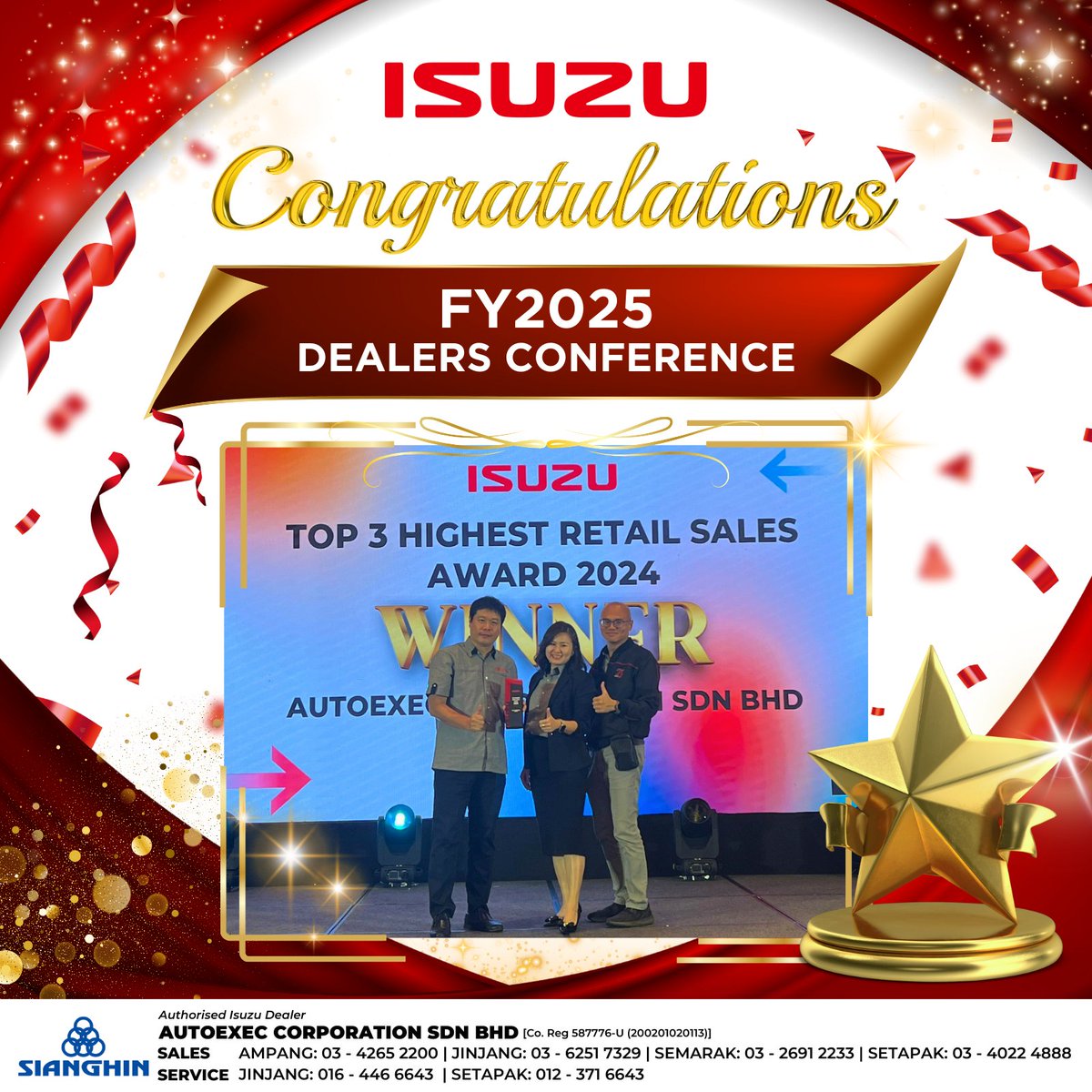 sianghin's tweet image. We’re thrilled to announce that #Autoexec has won Top 3 Highest Retail Sales, 1st Runner-Up Dealership, &amp;amp; Most Improved Service Intake Award for 2024 with #Isuzu! Thanks to our amazing team for making this happen!

#Sianghin #IsuzuMalaysia #Congratulations