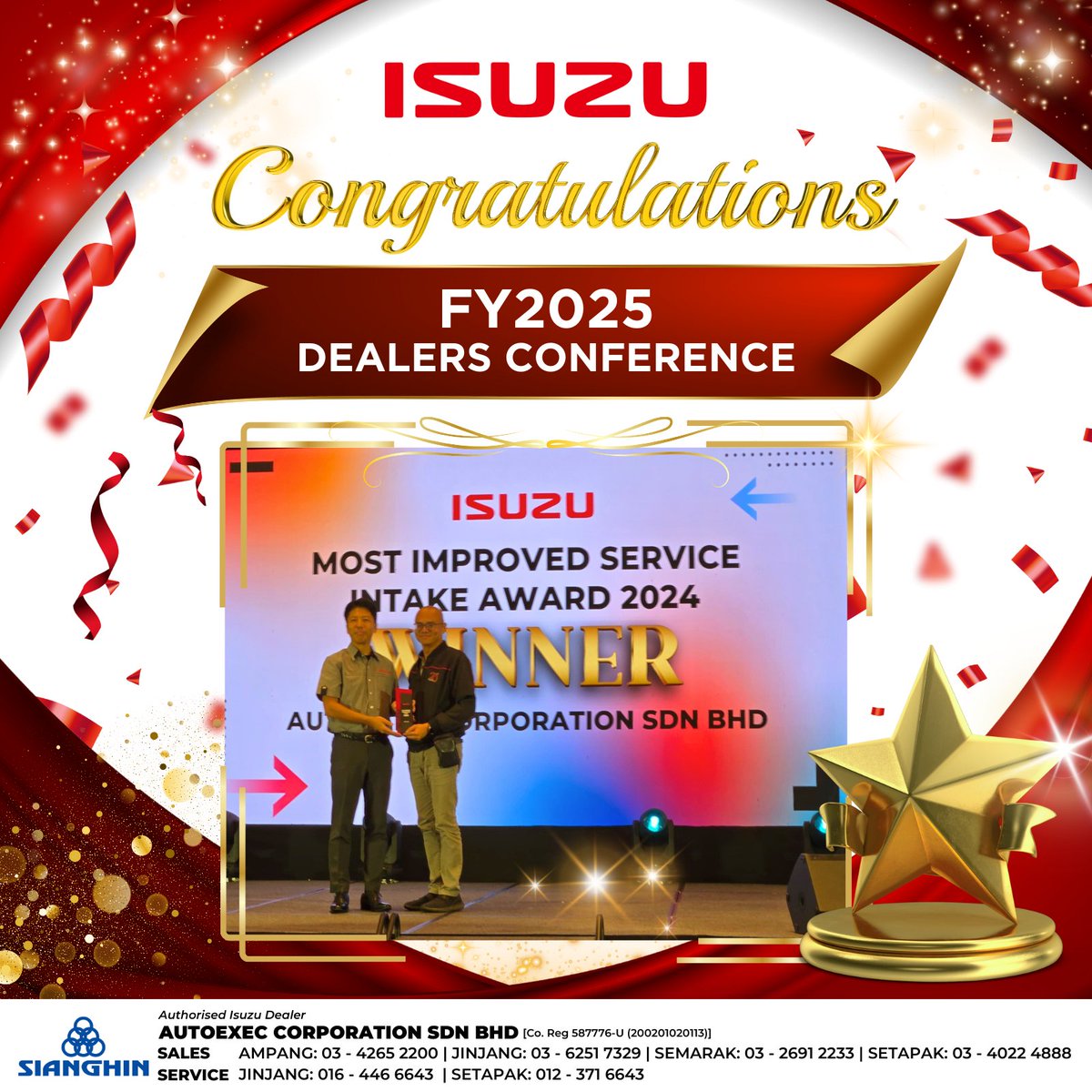 sianghin's tweet image. We’re thrilled to announce that #Autoexec has won Top 3 Highest Retail Sales, 1st Runner-Up Dealership, &amp;amp; Most Improved Service Intake Award for 2024 with #Isuzu! Thanks to our amazing team for making this happen!

#Sianghin #IsuzuMalaysia #Congratulations