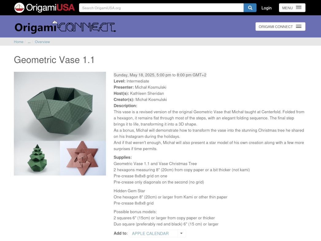 mkosmul's tweet photo. I will teach my Geometric #Vase and other models in an #Origami Connect online #origamiworkshop on May 18th, 2025, at 11 a.m.-2 p.m. Eastern Time (17:00-20:00 CEST).
Details and registration (opens in late January): https://t.co/VifVmxi6Zn
#折り紙 #摺紙 #종이접기 #Оригами https://t.co/EeDCXDrAVH