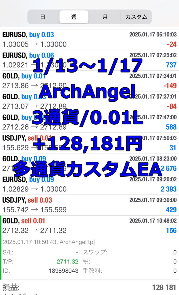 aqua_fx77's tweet photo. AngelEAの週次報告
🔷1/13～1/17🔷
🟣GoldAngel
GOLD/0.01L
+121,722円
https://t.co/qp9HhKDfKy
🔵ArchAngel
GOLD/USDJPY/EURUSD/0.01L
+128,181円
https://t.co/PsZydYrgQw
🟩AngeLight
GOLD/0.01L
+106,520円
https://t.co/cT1Is1Nw6O
🟦AngelBreak
3通貨/0.1L
+62,991円
https://t.co/IKRlrQlmba https://t.co/xyQxR2olhJ