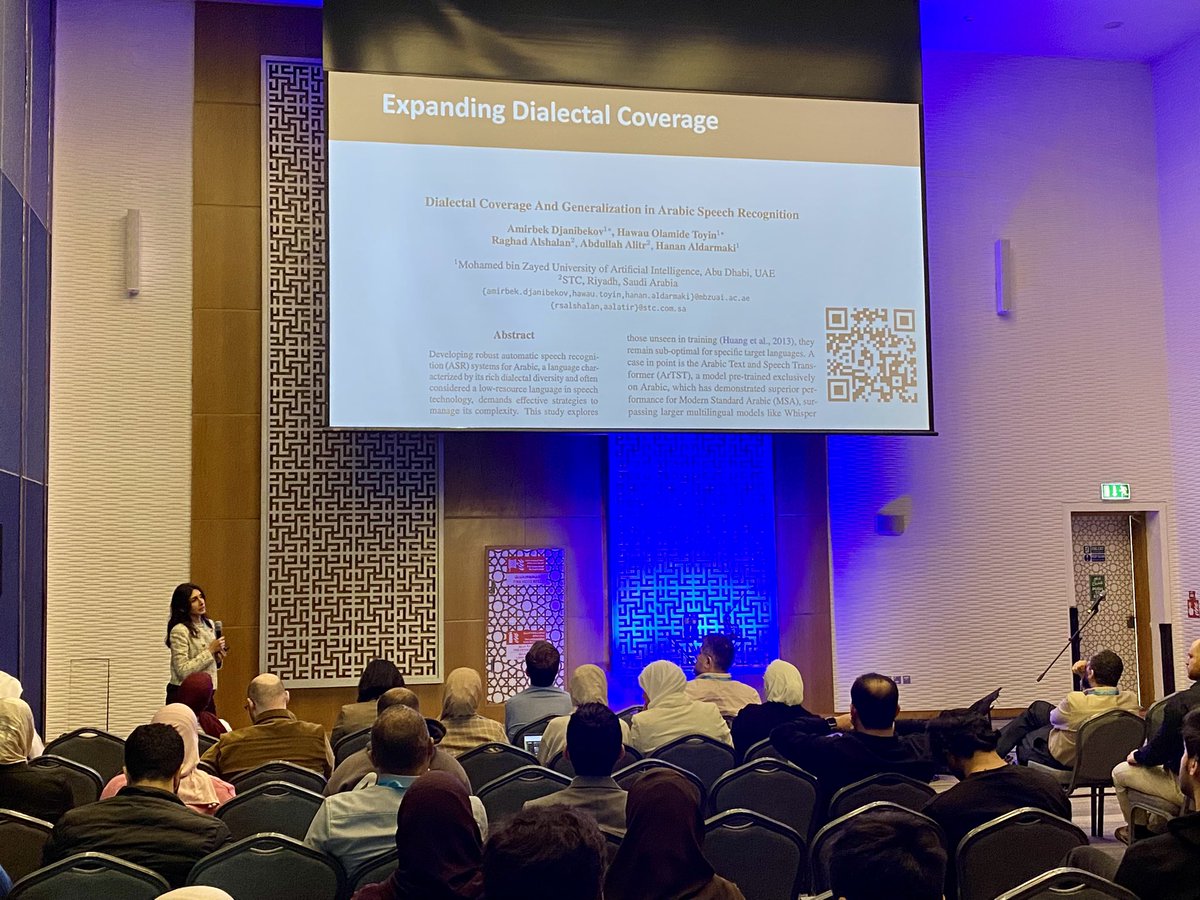 Dr Hanan Aldarmaki of <a href="/mbzuai/">MBZUAI</a> presenting her team’s research on #Arabic dialect #speechprocessing at COLING’s Arabic NLP Winter School in Abu Dhabi. What a great start to an exciting week! 💫 @nyhabash #coling2025