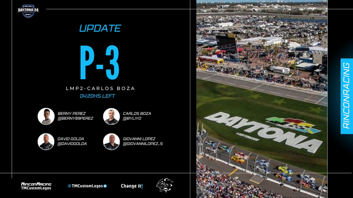 24hs DAYTONA!🏁

UPDATE🏁

A falta de 4:20hs para el final, actualizamos posiciones:

🚗LMP2 - P3, al volante <a href="/ByLiyo/">Carlos Boza</a>.
🚗GT3 - DNF.