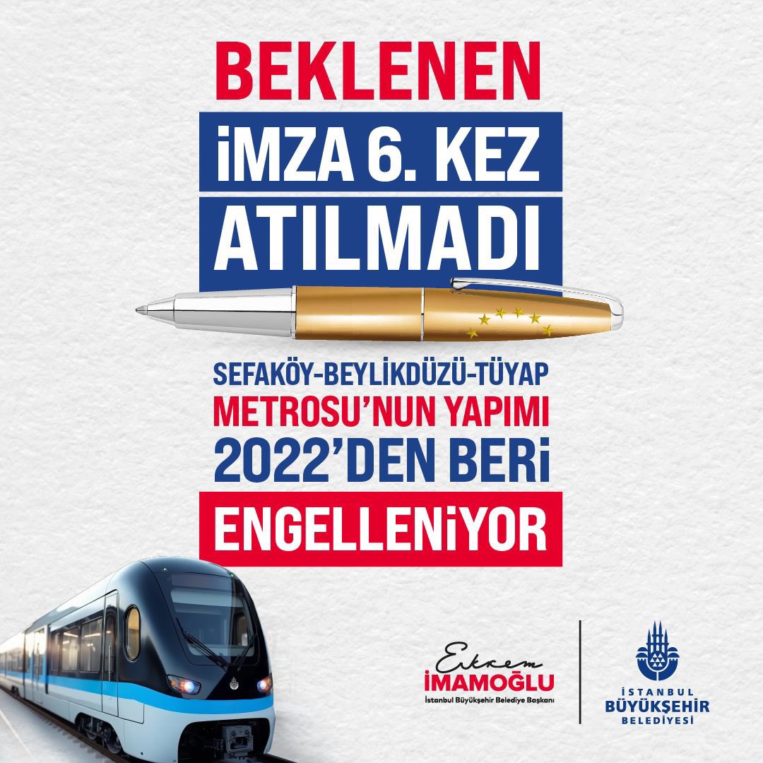 İBB Başkanımız Ekrem İmamoğlu: 

İbreti alem için paylaşın.

Fizibilitesi hazır, projesi hazır, kredisi hazır Sefaköy Beylikdüzü TÜYAP Metrosu 6. kez Cumhurbaşkanlığı tarafından bir imza atılmadığı için başlanamadı.

Milyonlarca insanın kullanacağı bu metroyu bu millet eninde