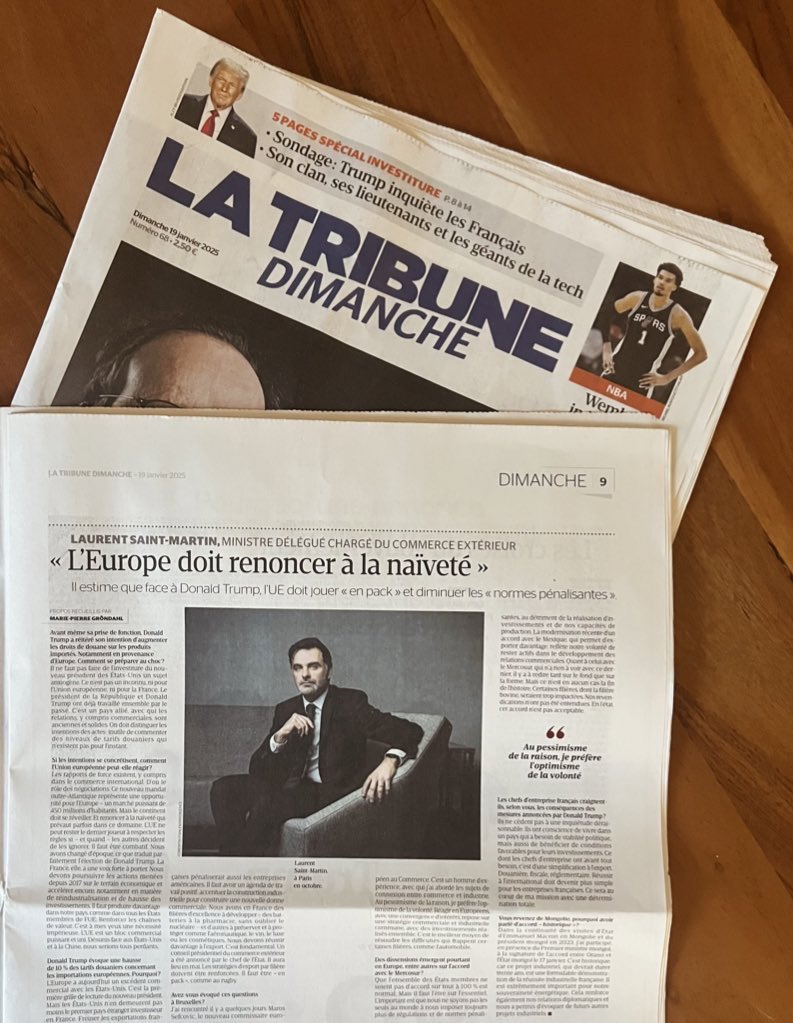 Laurent Saint-Martin (@laurentsmartin) on Twitter photo Le retour de D. Trump doit être une opportunité et un réveil pour l’Europe.
Face aux défis de demain, renonçons à la naïveté et agissons avec lucidité, unité et déterminés à construire une nouvelle politique commerciale à la hauteur du moment.
À lire dans la <a href="/TribuneDimanche/">La Tribune Dimanche</a> ⬇️ Le retour de D. Trump doit être une opportunité et un réveil pour l’Europe.
Face aux défis de demain, renonçons à la naïveté et agissons avec lucidité, unité et déterminés à construire une nouvelle politique commerciale à la hauteur du moment.
À lire dans la <a href="/TribuneDimanche/">La Tribune Dimanche</a> ⬇️