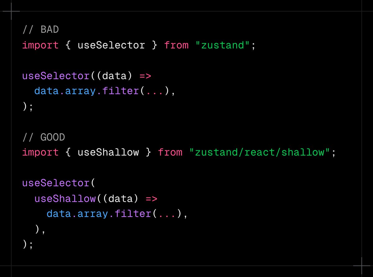 aidenybai's tweet image. one big Zustand performance mistake:
`useShallow` array methods – it returns a cloned array, causing unnecessary re-renders
