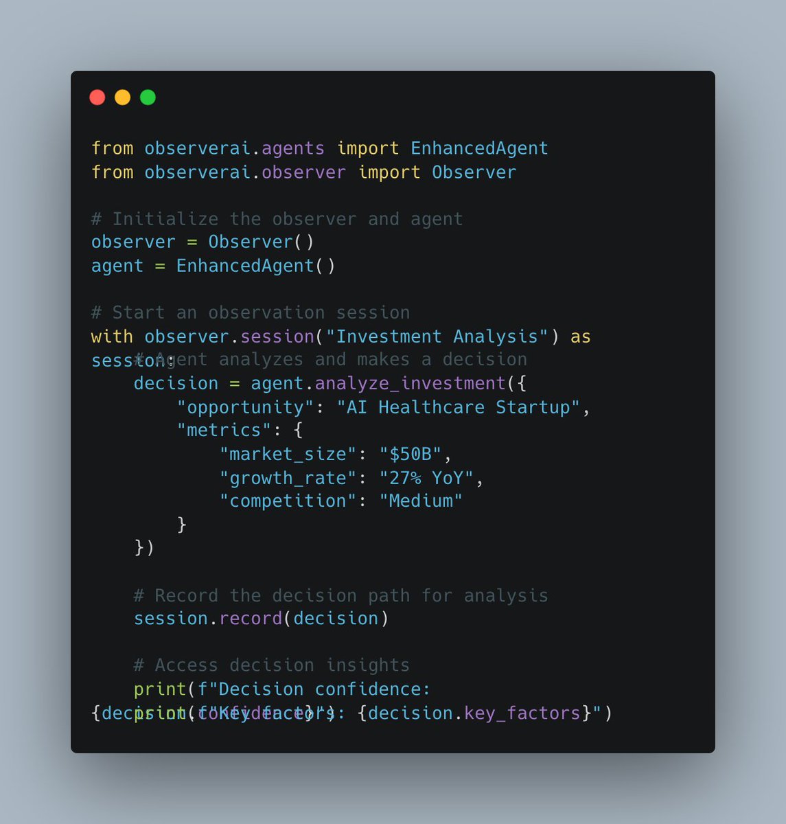 ObserverAgent's tweet image. 🧵 Here&apos;s how easy it is to track AI decision-making with ObserverAI. Full transparency into your agent&apos;s reasoning in just a few lines of code! #AIDevTools #OpenSource