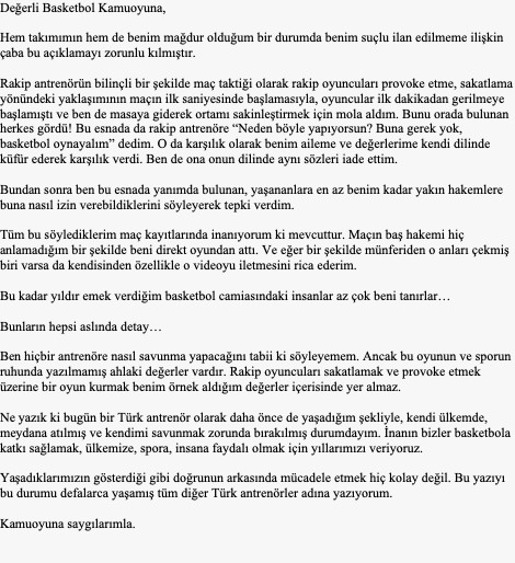 Değerli Basketbol Kamuoyuna,