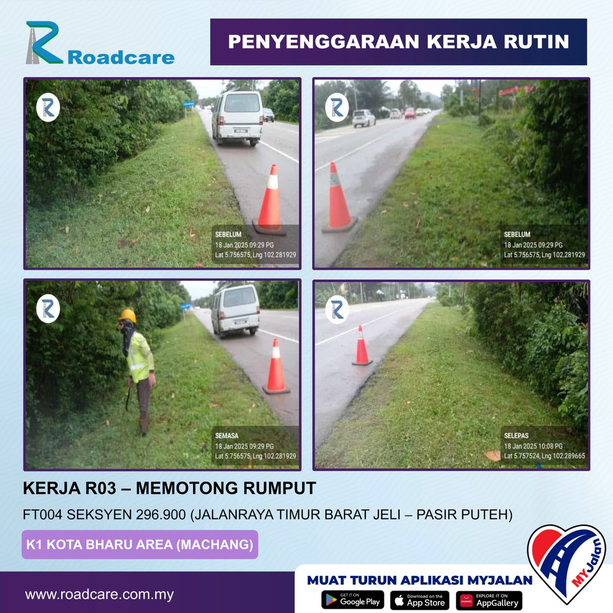 Penyenggaraan Rutin R03 #teamroadcare di laluan FT004 Jalanraya Timur Barat Jeli - Pasir Puteh
@JKRmachang
<a href="/BhgJalan_Kelate/">Bhg Jalan JKR Kelantan</a>
<a href="/JKRMalaysia/">JKR Malaysia</a>
<a href="/Roadcare_HQ/">ROADCARE (M) SDN BHD</a>
<a href="/Roadcare_Kelntn/">ROADCARE WILAYAH KELANTAN</a>
<a href="/ZTTCSFJ/">ZTT CSFJ</a>