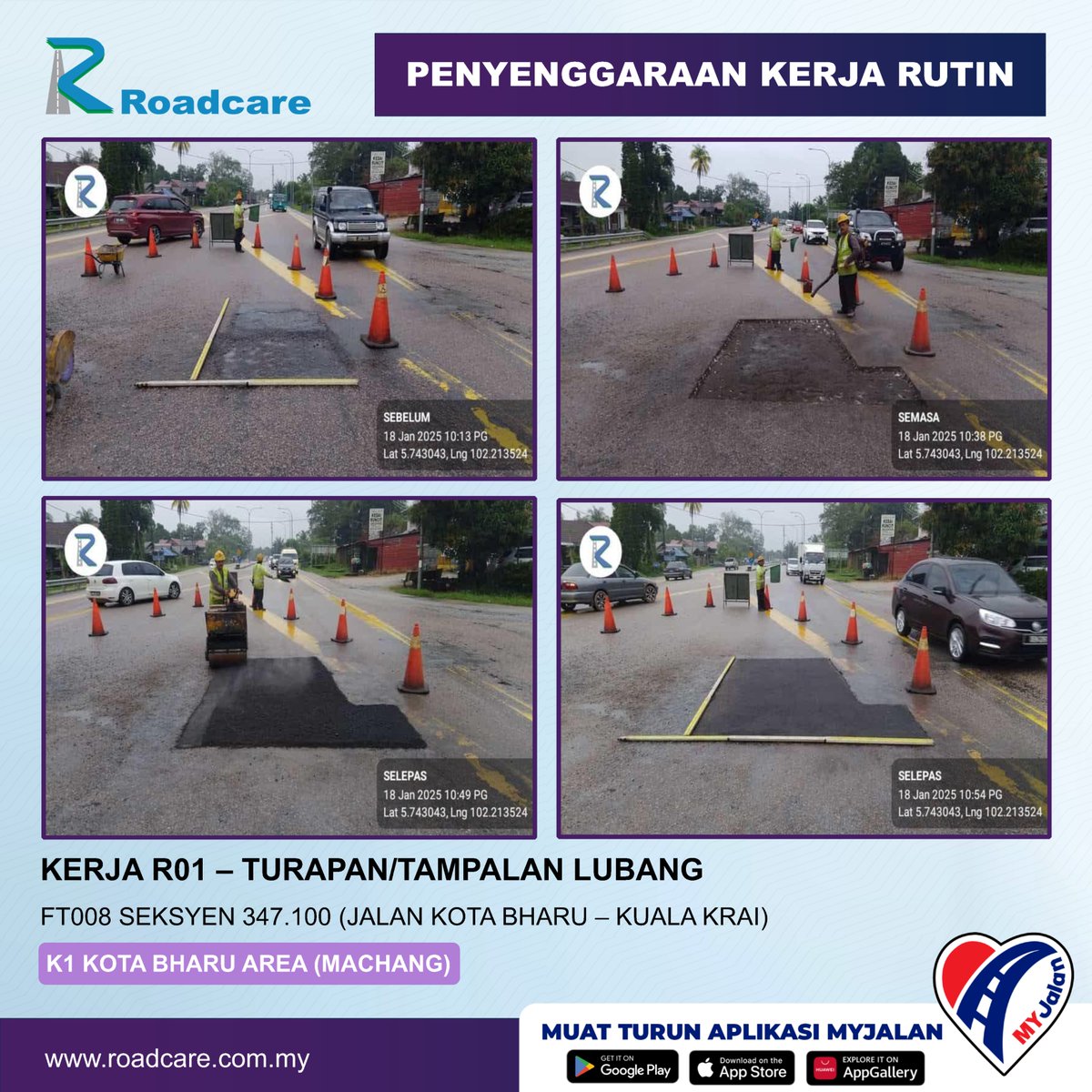 🚧 Kerja Penyenggaraan Rutin R01 - Turapan/Tampalan Lubang 🚧

18 Jan | 👷Kerja R01 di FT8 Sec 347.1 di Daerah #Machang disenggarakan oleh #teamroadcare bagi keselamatan &amp; keselesaan pengguna Jalan Persekutuan.
@JKRmachang
<a href="/BhgJalan_Kelate/">Bhg Jalan JKR Kelantan</a>
<a href="/Roadcare_HQ/">ROADCARE (M) SDN BHD</a>
<a href="/Roadcare_Kelntn/">ROADCARE WILAYAH KELANTAN</a>
<a href="/ZTTCSFJ/">ZTT CSFJ</a>