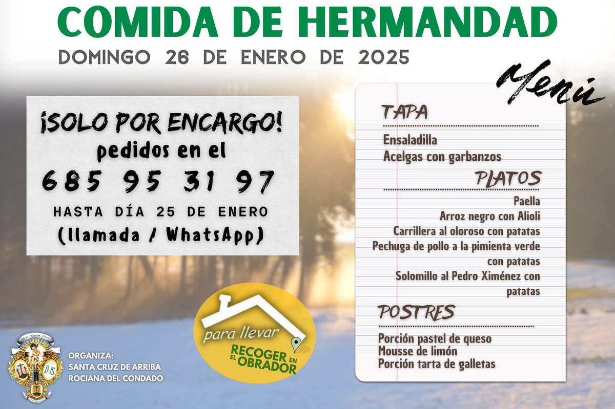 𝐂𝐎𝐌𝐈𝐃𝐀 𝐃𝐄 𝐇𝐄𝐑𝐌𝐀𝐍𝐃𝐀𝐃 𝐏𝐀𝐑𝐀 𝐋𝐋𝐄𝐕𝐀𝐑

🎉El domingo 26 se enero, te ofrecemos exquisitos  platos.

🥘Recogida en nuestro obrador. 🚗

No lo dejes para última hora y haz ya tu encargo, número de teléfono: 685953197 📳 (Llamada o WhatsApp).

¡Colabora!
