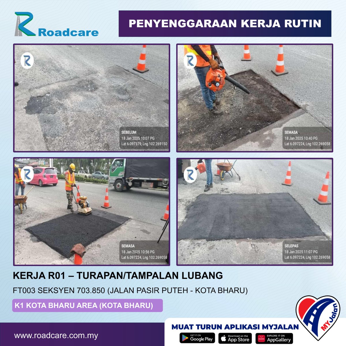🚧 Kerja Penyenggaraan Rutin R01 - Turapan/Tampalan Lubang 🚧

18 Jan | 👷Kerja R01 di FT003 Seksyen 703.85 di Daerah #Kotabharu disenggarakan oleh #teamroadcare bagi keselamatan &amp; keselesaan pengguna Jalan Persekutuan

@JKRkotabharu
<a href="/BhgJalan_Kelate/">Bhg Jalan JKR Kelantan</a>
<a href="/Roadcare_HQ/">ROADCARE (M) SDN BHD</a>
<a href="/Roadcare_Kelntn/">ROADCARE WILAYAH KELANTAN</a>