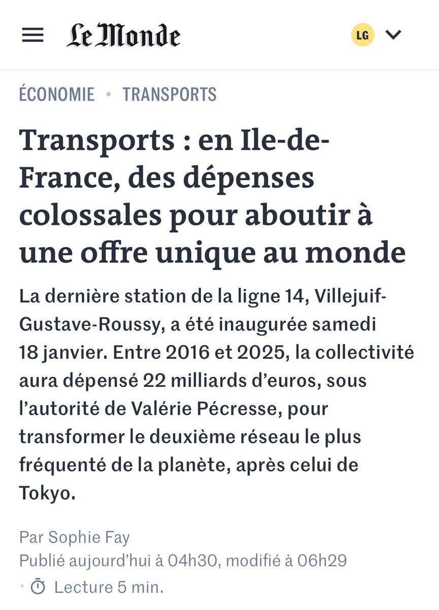 Très beau publireportage aujourd’hui à la gloire de V. Pécresse de <a href="/SophiFay/">Sophie Fay</a> du <a href="/lemondefr/">Le Monde</a> qui n’a pas regardé qui était à l’initiative de la plupart de ces projets (spoiler c’est pas V. Pécresse) et qui apparemment n’a pas non plus trouvé le contact de l’opposition ! 👋