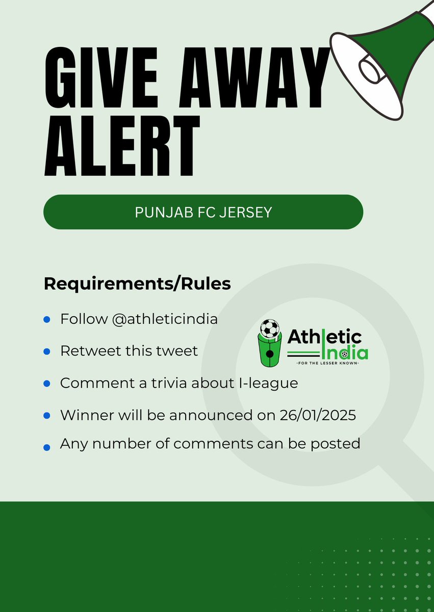athleticindia's tweet photo. 🚨Give Away Alert 🚨

Stand a chance to win a Punjab FC jersey 👕!

Just RT this post and comment a trivia about I-league. The best comment will be given the prize⚡. 

Comment multiple times and increase your chance to win the prize 💪. https://t.co/KeI074Qyyh