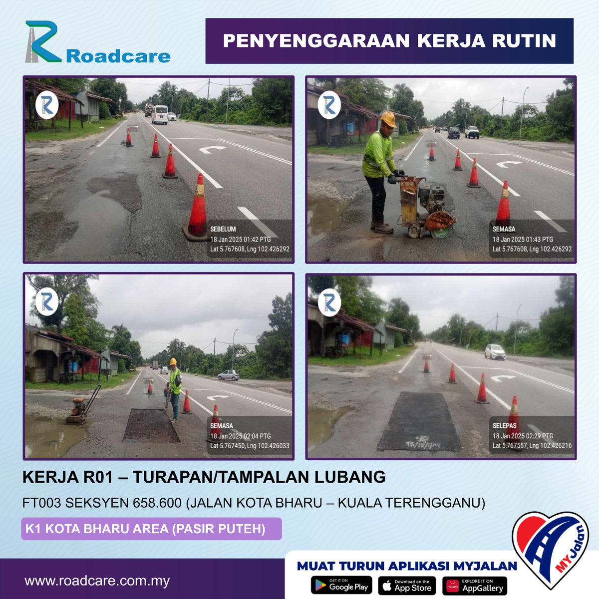 🚧 Kerja Penyenggaraan Rutin R01 - Turapan/Tampalan Lubang 🚧

18 Jan | 👷Kerja R01 di FT003 Seksyen 658.60 di Daerah #Pasirputeh disenggarakan oleh #teamroadcare bagi keselamatan &amp; keselesaan pengguna Jalan Persekutuan.
@JKRPputeh
<a href="/BhgJalan_Kelate/">Bhg Jalan JKR Kelantan</a>
<a href="/Roadcare_Kelntn/">ROADCARE WILAYAH KELANTAN</a>
<a href="/ZTTCSFJ/">ZTT CSFJ</a>