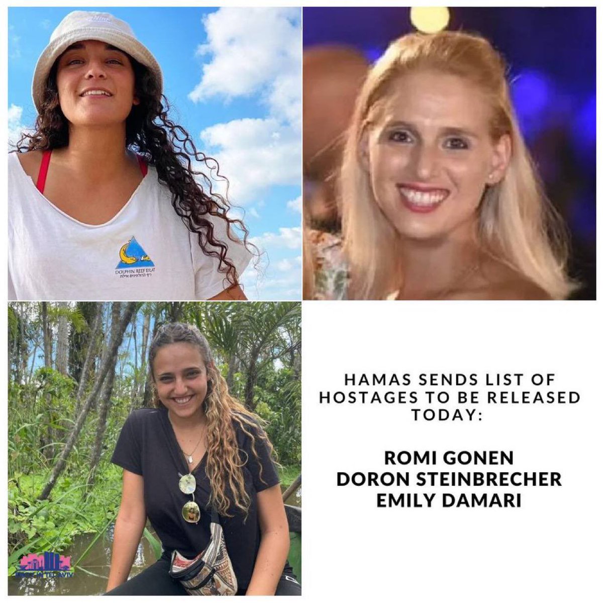 ChayasClan's tweet image. Hamas has just released the list of the three hostages to be released today. The ceasefire has finally officially started. 

The three hostages set to be released today have been named by Hamas as:
1. Romi Gonen, kidnapped from the Nova music festival
2. Emily Damari, a…