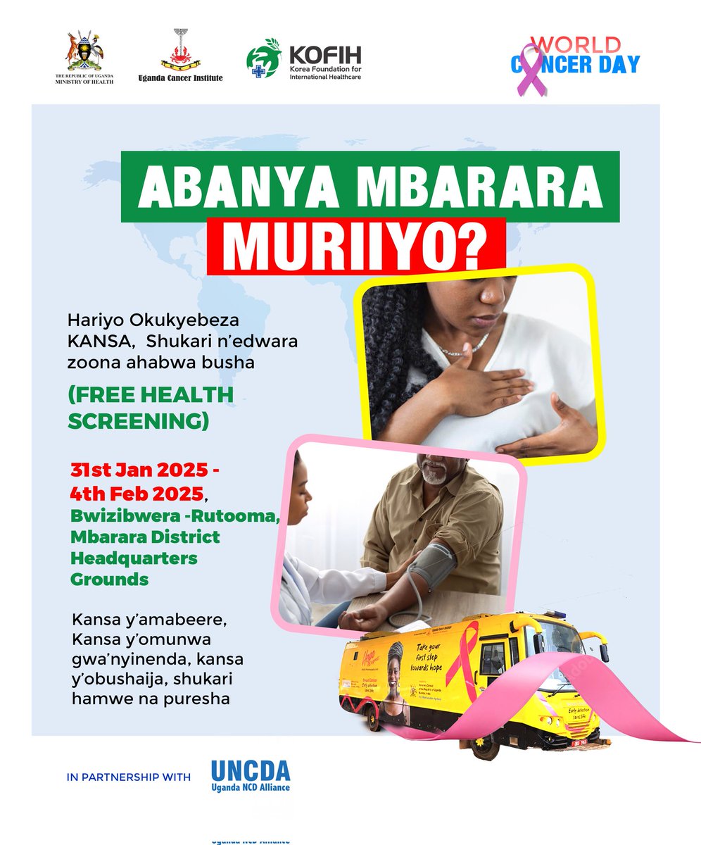 Abanya Mbarara mugumire! 
Mwije mureebe ebirungyi omumwaka musya 2025. <a href="/UgandaCancerIns/">Uganda Cancer Institute</a> yabaretera obuhereza bwokukyebera cancer ahabwabusha.
#cervical_cancer #prostate_cancer
Kwonka tufeyo nokukyebeza cancers ezindi zoona omu mwarwariro againe obuhereza obwo.
Viva <a href="/MinofHealthUG/">Ministry of Health- Uganda</a>