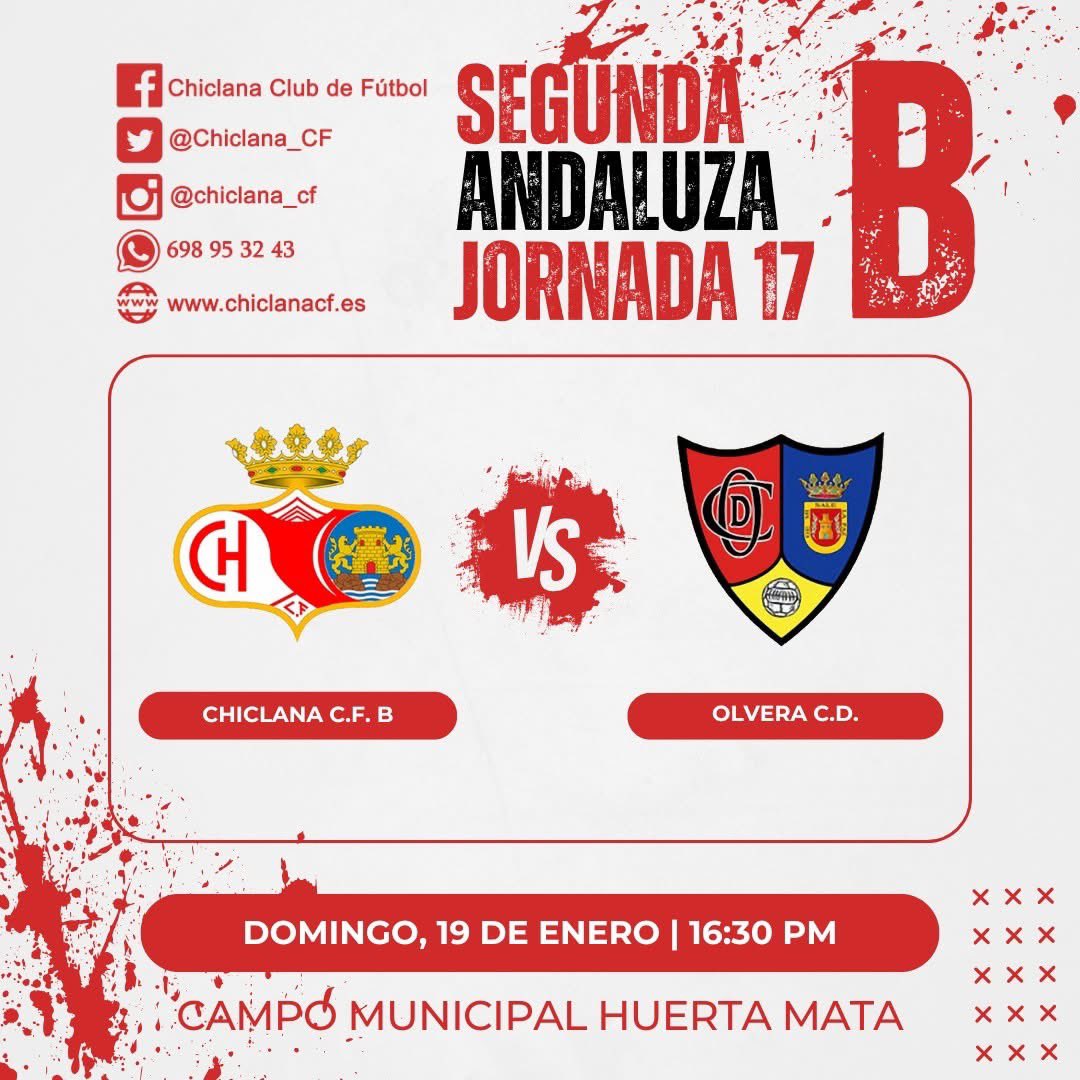 #matchday
⚽🅱️ Chiclana C.F. B 🆚 CD Olvera
🏆 #2ªAndaluza- J17

⏰ 16:30h
🏟️ Campo Municipal Huerta Mata.

¡Al asalto de los puestos de ascenso!

#ChiclanaCFB #LaPasionSiempreGana #ChiclanaCFBOlvera