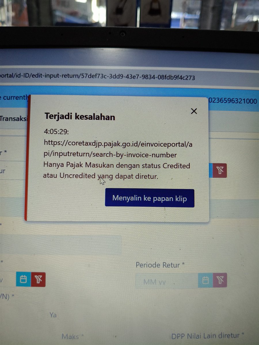 Dyonisus07's tweet photo. Halo @kring_pajak 
Kak mau tanya dong, ini mau input retur masukan masa januari 2025, dengan FP terpotongnya Desember 2024.
FP Masukan Des sudah saya kreditkan di efaktur, tapi waktu mau input nomor faktur di coretax nggak bisaa, muncul keterangan seperti ini.
Mohon solusinya https://t.co/Dpj2TZqCuj