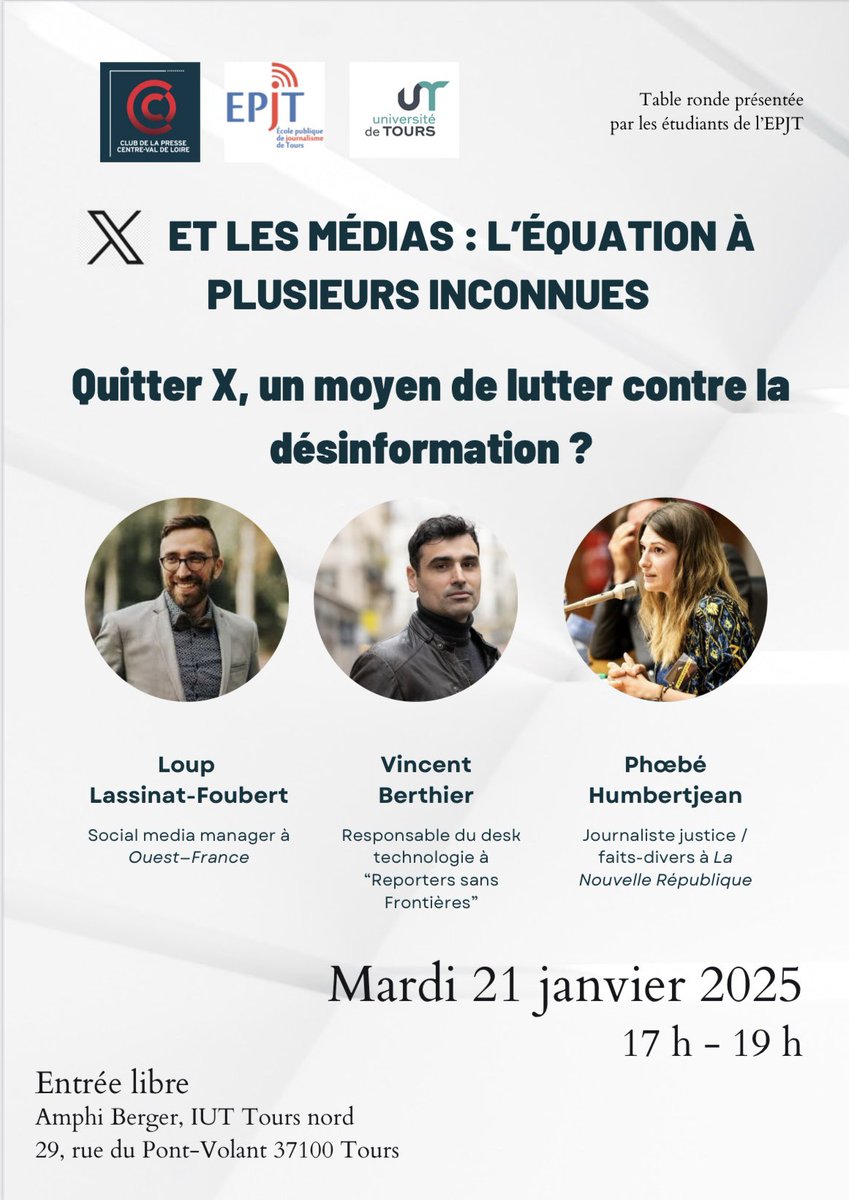 📲 Mardi 21 janvier ! L'EPJT et le <a href="/ClubpresseVDL/">Club de la Presse CVL</a> vous invitent à une table ronde sur X et les médias. 
<a href="/PhoebeHbj/">Phœbé Humbertjean</a> , <a href="/V_Berthier/">Vincent Berthier</a> et <a href="/Alexleserveur/">Loup Lassinat-Foubert</a> seront nos invités.

📍A 17 h, IUT Tours Nord, 29 rue du Pont Volant, amphithéâtre Berger. Entrée libre. 
#tours #twitter #médias