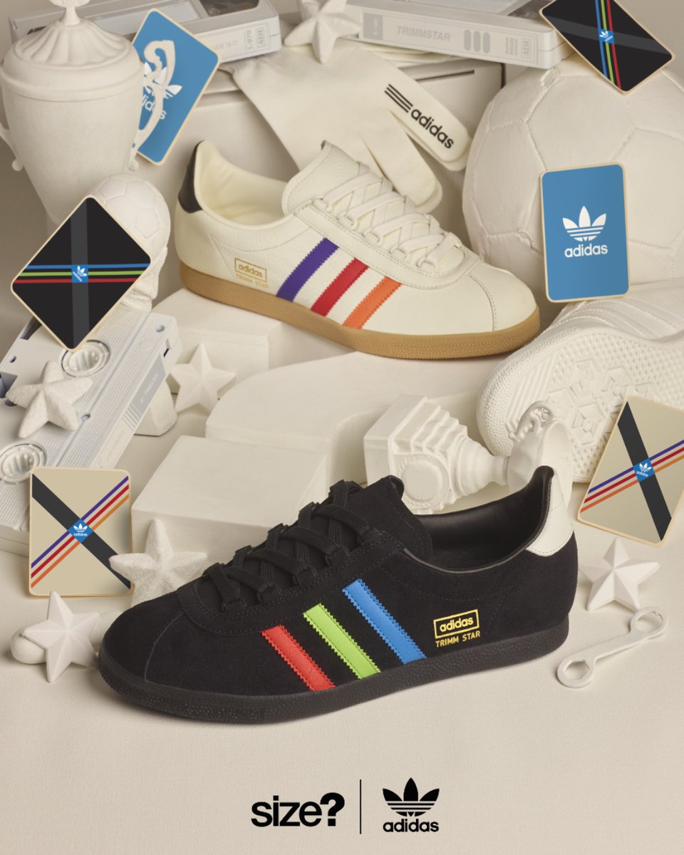sizeofficial's tweet photo. After previewing our upcoming #adidasOriginals Trimm Star VHS - #sizeexclusive, we thought it was only right to revisit our 2018 iteration...
The silhouette pays homage to the cult practice of video-taping classic football games to VHS, with colours stemming from the palettes found on accompanying box graphics of the era. Who's going for our 2025 iterations? ๐น