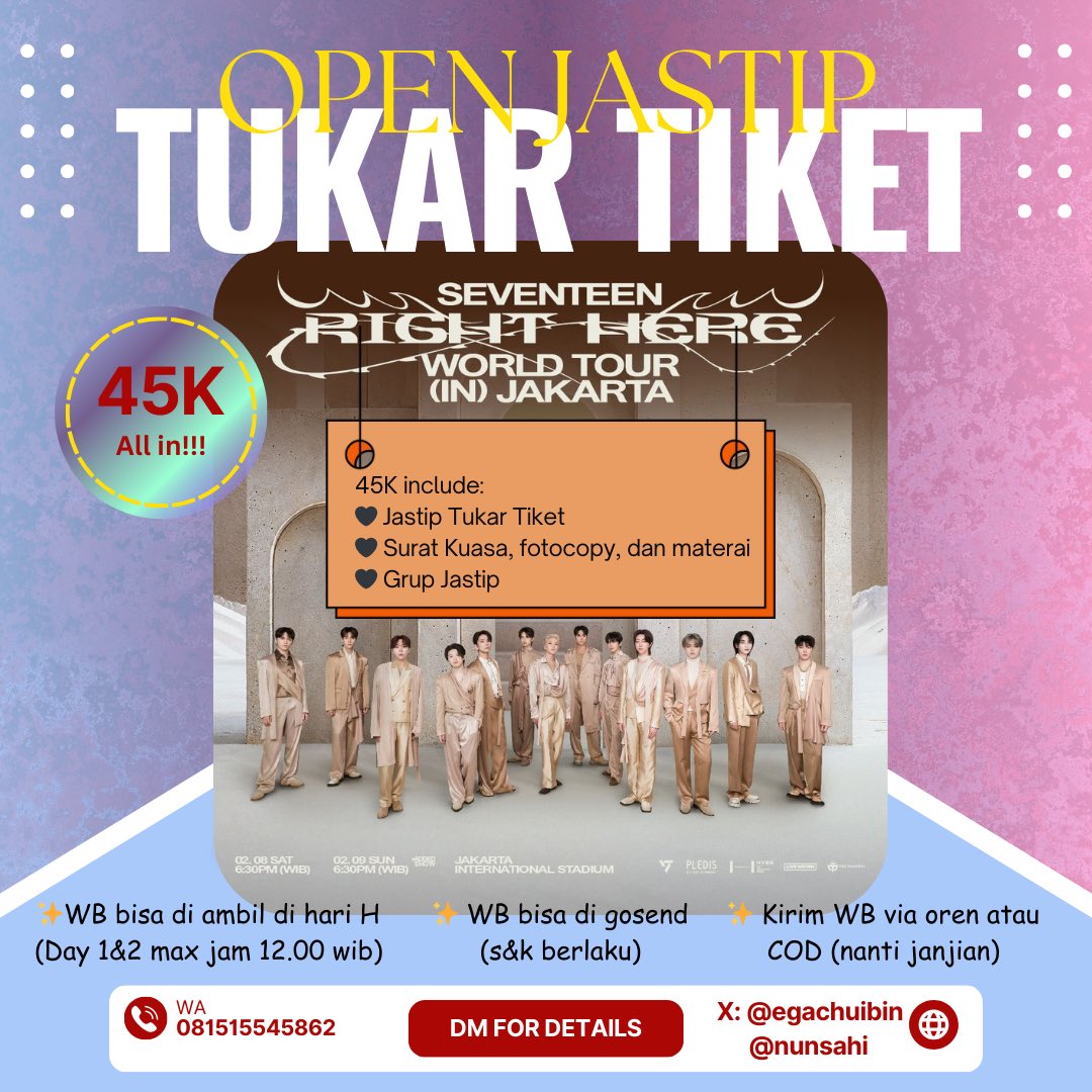 egachuibin's tweet photo. OPEN JASTIP TUKAR TIKER #SEVENTEEN_RIGHT_HERE in Jakarta‼️‼️
 
Aku sama @nunsahi open jastip gais!!

CUMA 45k!!! 

✨data dan tiket 100% aman!!!✨

Details: 
https://t.co/7b4tRHI6Hd

Tag. wtb wts jastip tuker tiket seventeen in jakarta https://t.co/2dCwzD0Tqs