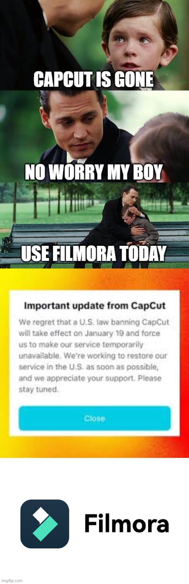 Filmora_Editor's tweet image. ITS GONE! What a frustrating day! Not onlyTikTok has been been banned, but even CapCut is banned too. But don't worry, starting today, let's use Filmora instead! #capcut #capcutban #tiktokban #RedNote #tiktokrefugee