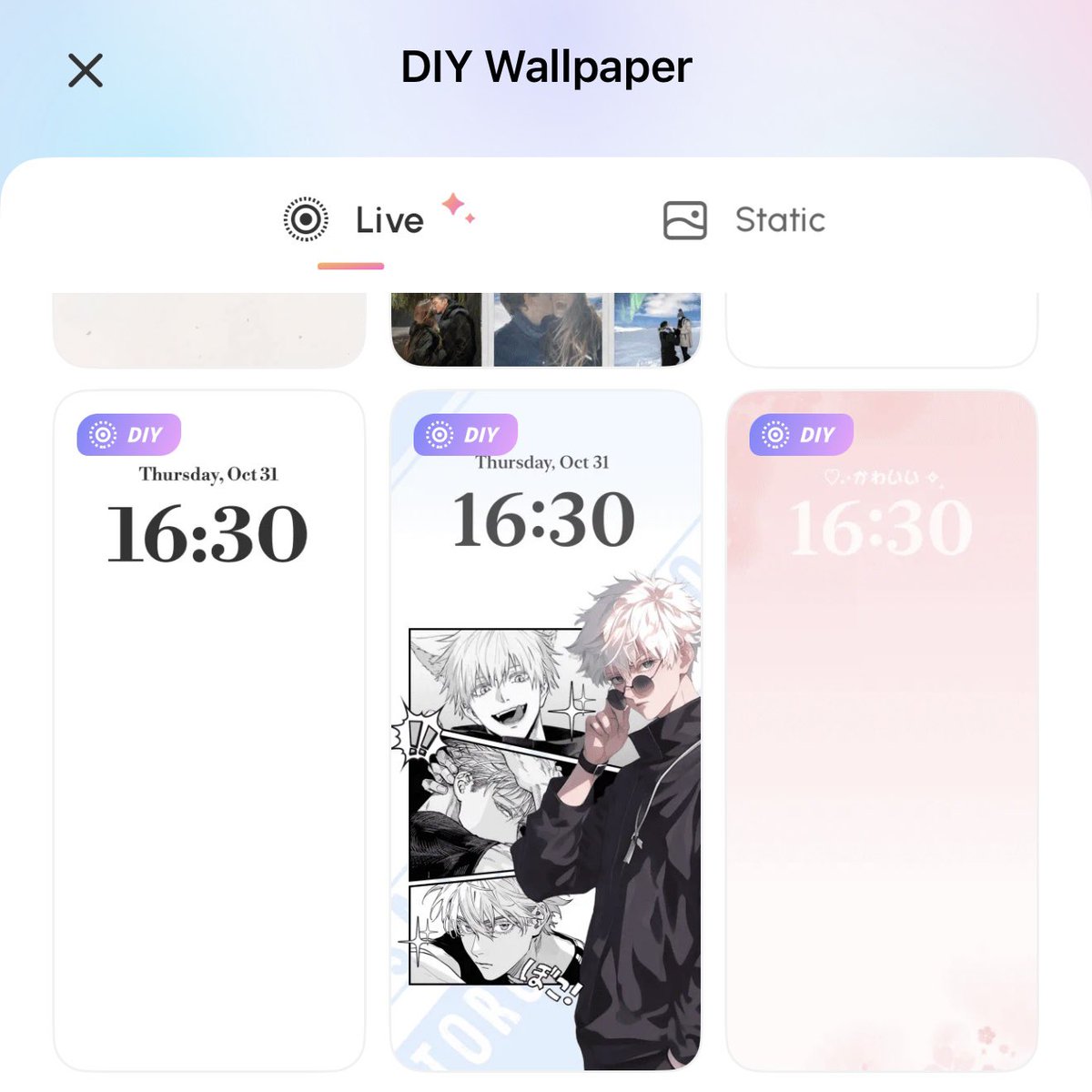 ⚡️วิธีทำวอลเปเปอร์แบบเคลื่อนไหว 

1) โหลดแอป Widgify มาก่อน แอปฟรี ไม่เสียเงิน (ในแอปมีเทมเพลตอื่นๆอีกเยอะให้เลือกใช้ด้วยค่ะ) 

2) เข้ามาหน้าหลัก แล้วเลือก DIY Wallpaper

3) เลื่อนหาเทมเพลตที่มีรูปตัวละครโกะโจ (หัวขาว หล่อๆ ใส่แว่นดำ)