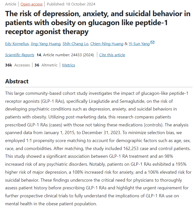 Mangan150's tweet image. GLP-1 weight loss drugs, e.g. Ozempic, triple the risk of major depression, and double the risk of anxiety and suicidal behavior.

Worth it?