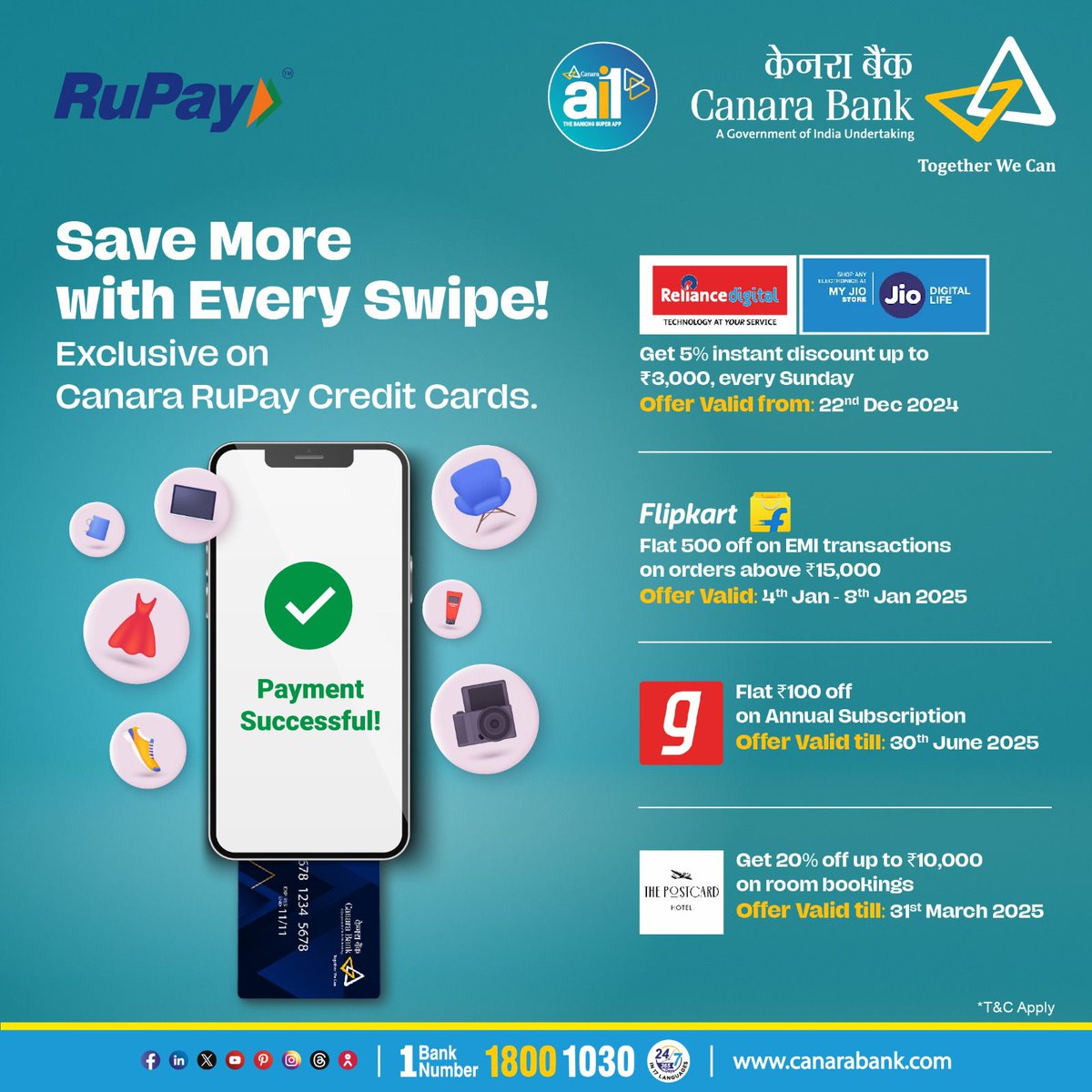 canarabank's tweet image. Experience unbeatable savings and exclusive benefits with Canara RuPay Credit Cards. Whether it's shopping, subscriptions, or travel, enjoy a seamless payment experience that rewards you every step of the way.
#CanaraBank
#RuPayOffers