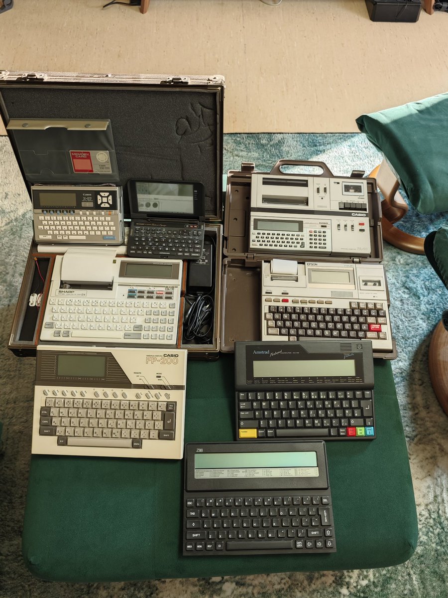 swartz_de's tweet photo. Happy Sunday, friends. Here's a picture of some not quite pocket-sized mobile computing solutions to let you know I'm not yet dead. Date range is 1981-1993ish #cambridge #z88 #casio #fp200 #pb700 #amstrad #nc100 #epson #hx20 #hc20 #canon #x07 #sharp #pc2500s #iq9000 #ポケコン https://t.co/VwIKpw3L0V