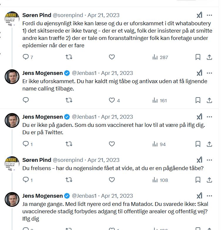 Jenbas1's tweet image. Altid interessant at tænke på, at magtfulde Søren Pind har haft fint gang i karrieren lige siden. Nul konsekvenser. Gælder desværre ikke for folk, der var kritiske. De faldt som fluer. Fyret, udskammet, hånet. 
Efter denne udveksling blev jeg blokeret af Pind, der nægtede at…