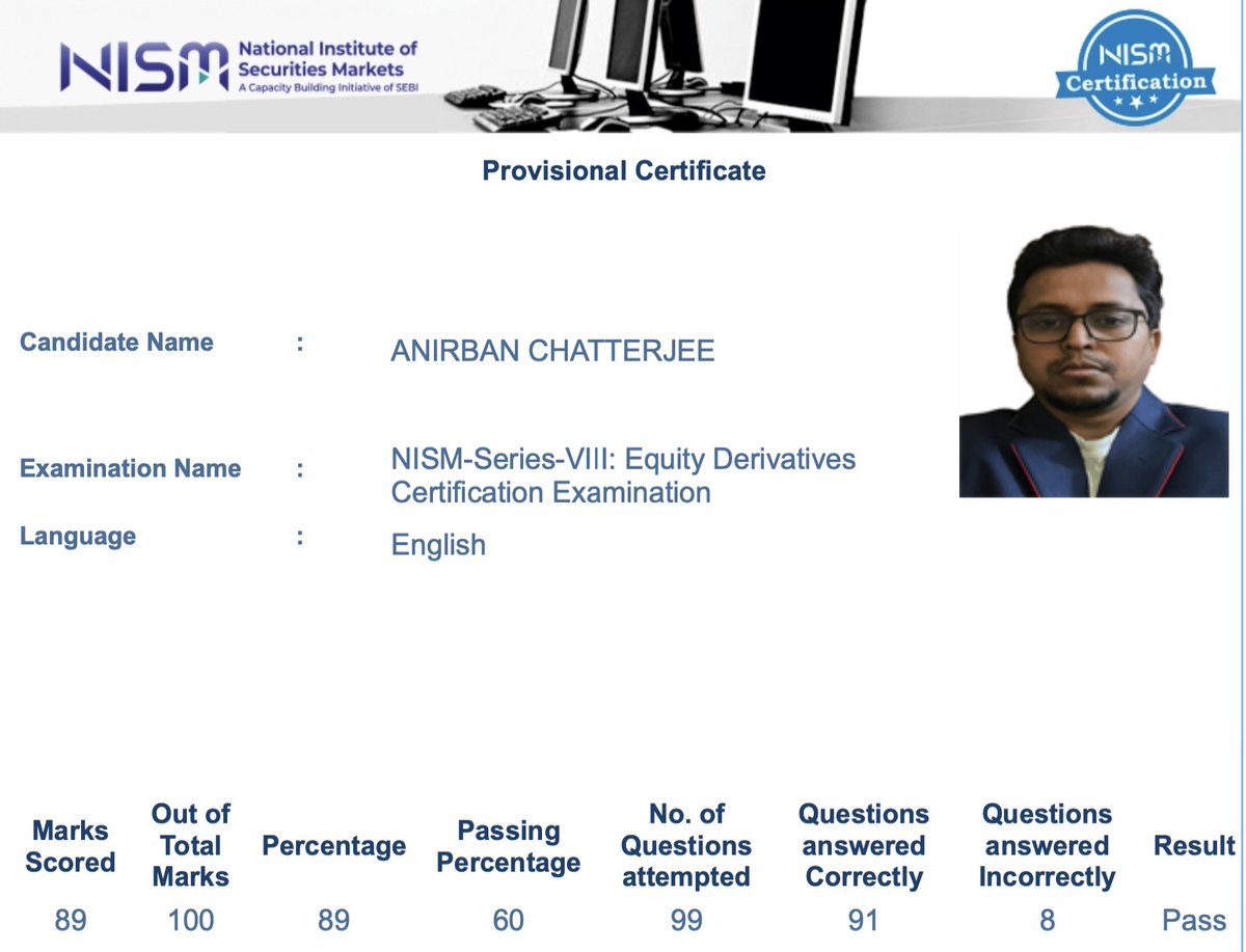 It gives me immense satisfaction to my #TrueFollowers who have motivated me in all situations, that your favourite FNO learner #Anirban is now:

NISM Certified in Equity Derivatives