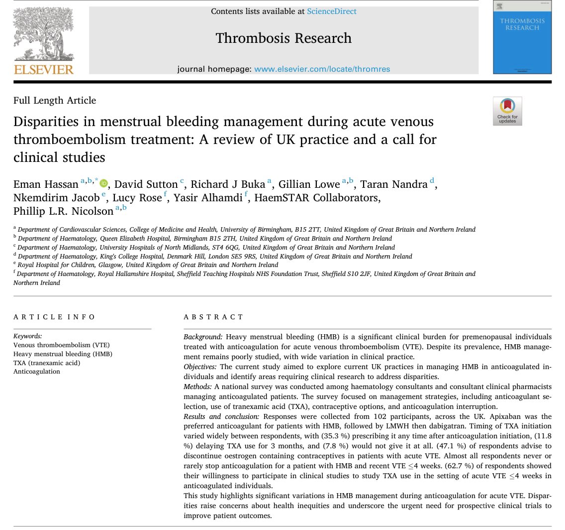 Eman Hassan (@eman__hassan__) on Twitter photo Publication alert📣 If you are a clinician looking after individuals on anticoagulation at child bearing age, please make sure HMB is addressed.
A major problem with very little data on its management!
Watch the space for upcoming clinical trials.<a href="/ThrombosisRese1/">Thrombosis Research</a> <a href="/HaemSTAR_UK/">HaemSTAR 💙</a> Publication alert📣 If you are a clinician looking after individuals on anticoagulation at child bearing age, please make sure HMB is addressed.
A major problem with very little data on its management!
Watch the space for upcoming clinical trials.<a href="/ThrombosisRese1/">Thrombosis Research</a> <a href="/HaemSTAR_UK/">HaemSTAR 💙</a>