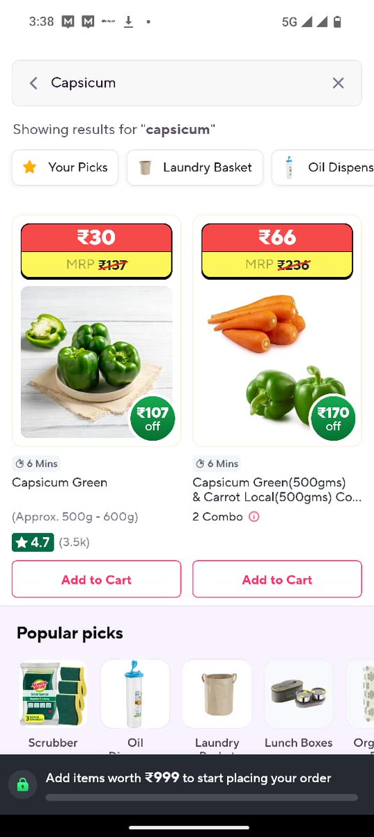 nonstern688's tweet photo. How #zepto start looting the customer by giving free cashback of rs 100.
For the same capsicum with the same qty but under supersaver of zepto the price shows very low with MOV like 1999
Whereas #bigbasket shows a trustworthy company no surge or this type of scams.
#boycottzepto https://t.co/okrh4tWrWL