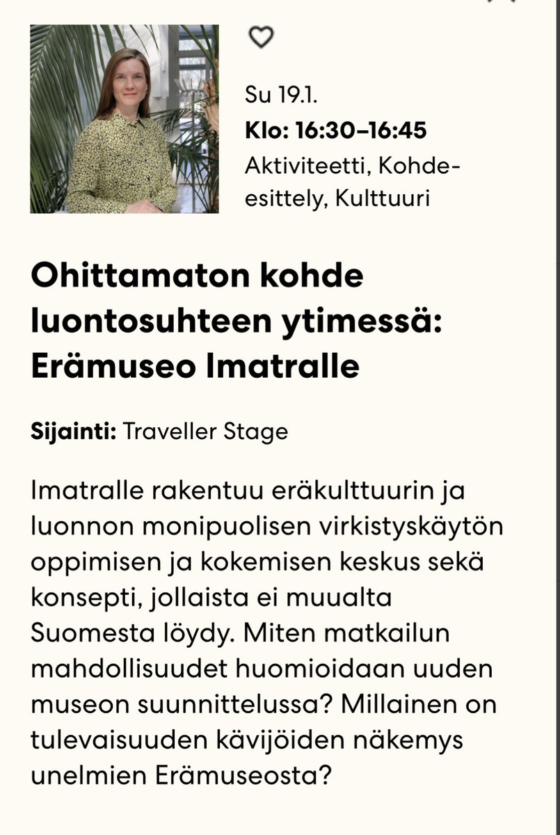 Tänään Matkamessuilla klo 16.30 Travellers stagella vastaava tuottaja Laura Kokki kertoo Erämuseohankkeesta matkailun näkökulmasta, tervetuloa! 
#matkamessut #erämuseo #matkailu #imatra