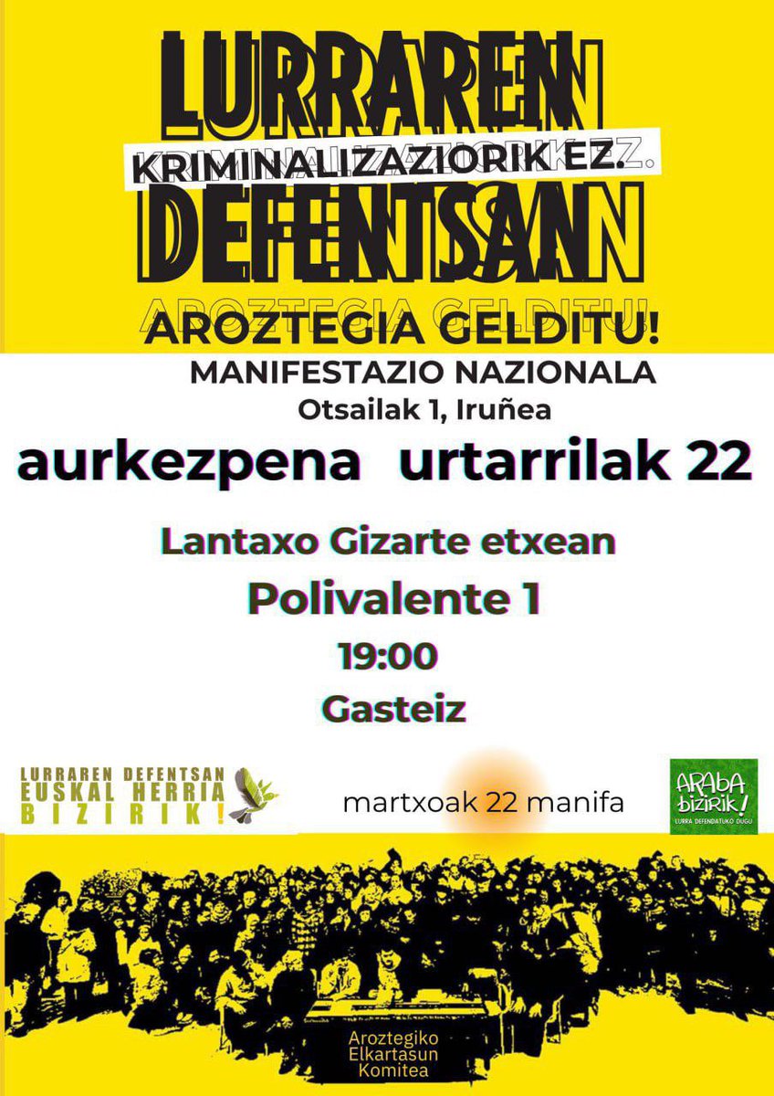 ArabaBizirik's tweet image. Hitzaldia Aroztegiko Elkartasun Komitearen eskutik 7 baztandarren aurkako jasarpen kasua ezagutzera emateko. Lurraren defentsan kriminaliziorik ez!
📍 Landatxo Gizarte Etxea, Gasteiz
🗓️ Urtarrilak 22 (asteazkena), 19:00
Zatoz, informatu zaitez eta lurraren defentsan antolatu!
