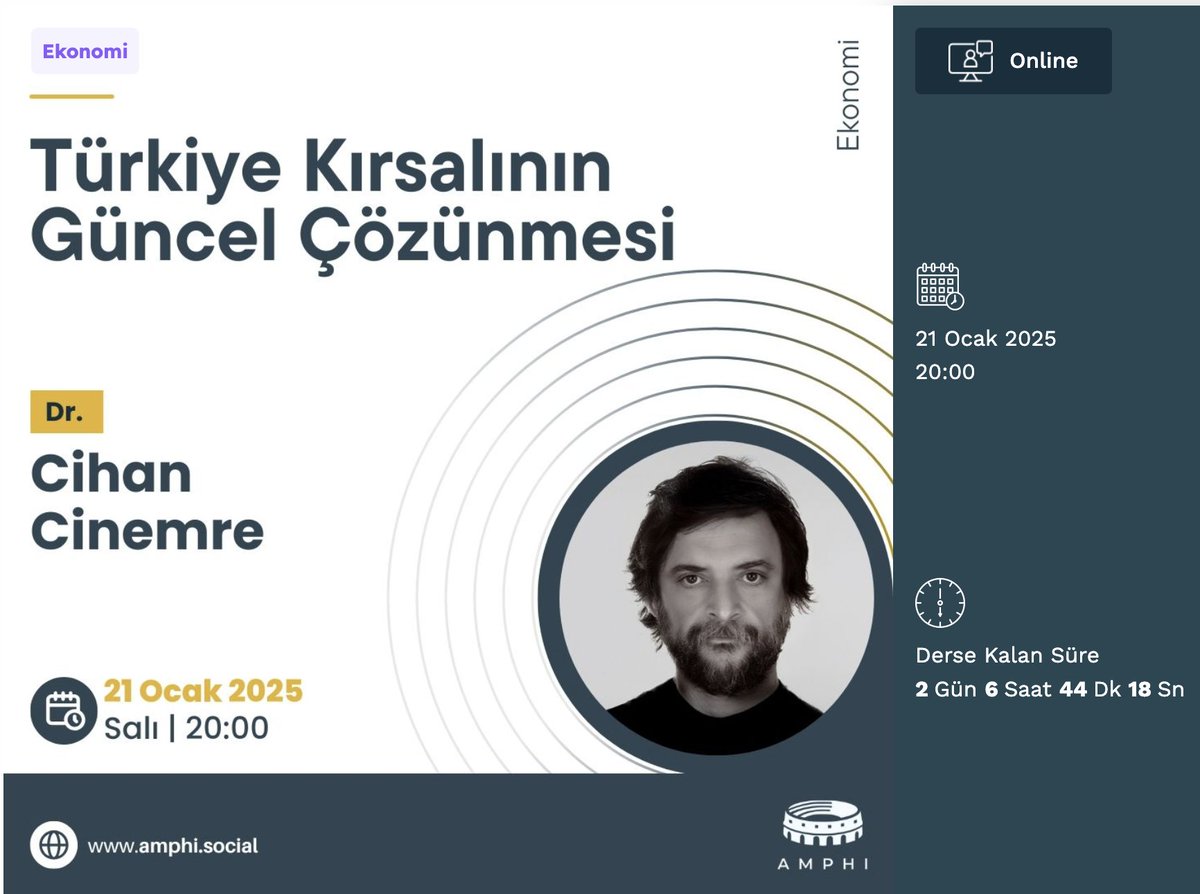 Amphi_social's tweet photo. Bu hafta 21 Ocak Salı günü saat 20:00' de Mimar Sinan Üniversitesi Öğretim Görevlisi Dr. Cihan Cinemre ile "Türkiye Kırsalının Güncel Çözünmesi" dersine tüm meraklılar davetlidir.
https://t.co/4eDqEwNT94
Derslerimiz bilâbedeldir. https://t.co/q16KJmSCBs