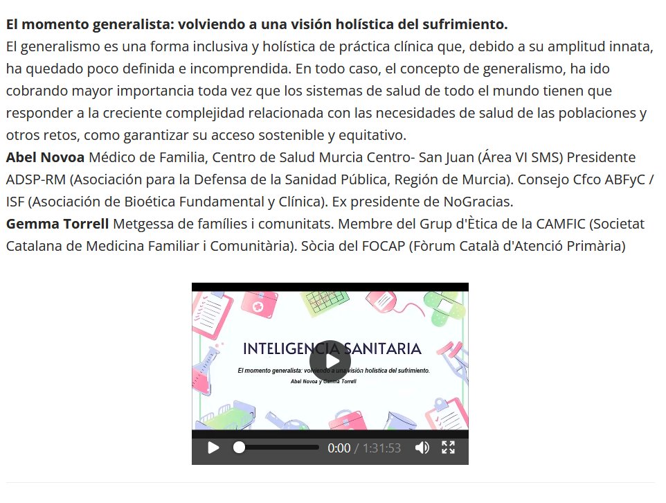 El generalismo en la práctica clínica.
A la complejidad del enfermar no le puede responder la simplicidad del medicar.
El momento generalista.
Teleconferencia: presentación y debate.
Vídeo. 91 min con <a href="/AbelNovoa/">Abel Novoa</a> y Gemma Torrell <a href="/Stroncio7/">Gemma Torrell</a>
saludcienciacriticayetica.com/dw-is/doku.php…