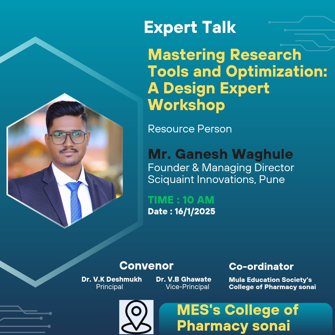Sciquaint's tweet photo. Pleased to share that our Founder, Mr. Ganesh Waghule, conducted a workshop on "Research Tools and Optimization: A Design Expert Workshop" at MES’s College of Pharmacy, Sonai on 16th January 2025.
Special thanks to Dr. V.B. Ghawate and Dr. Anil Pawar for their warm welcome!
#DoE https://t.co/1raeL7tTdW