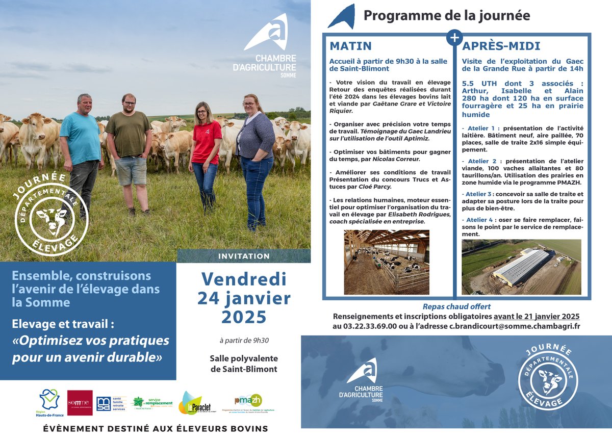 CfppaLeParaclet's tweet image. Avis aux éleveurs bovins !
 Journée départementale du service #élevage de @Chambagri80_div  vendredi 24 janvier 2025 à Saint-Blimont (80). Journée gratuite &amp;amp; repas chaud offert. Inscription obligatoire avant le 21 janvier 2025 au 03.22.33.69.00 / c.brandicourt@somme.chambagri.fr