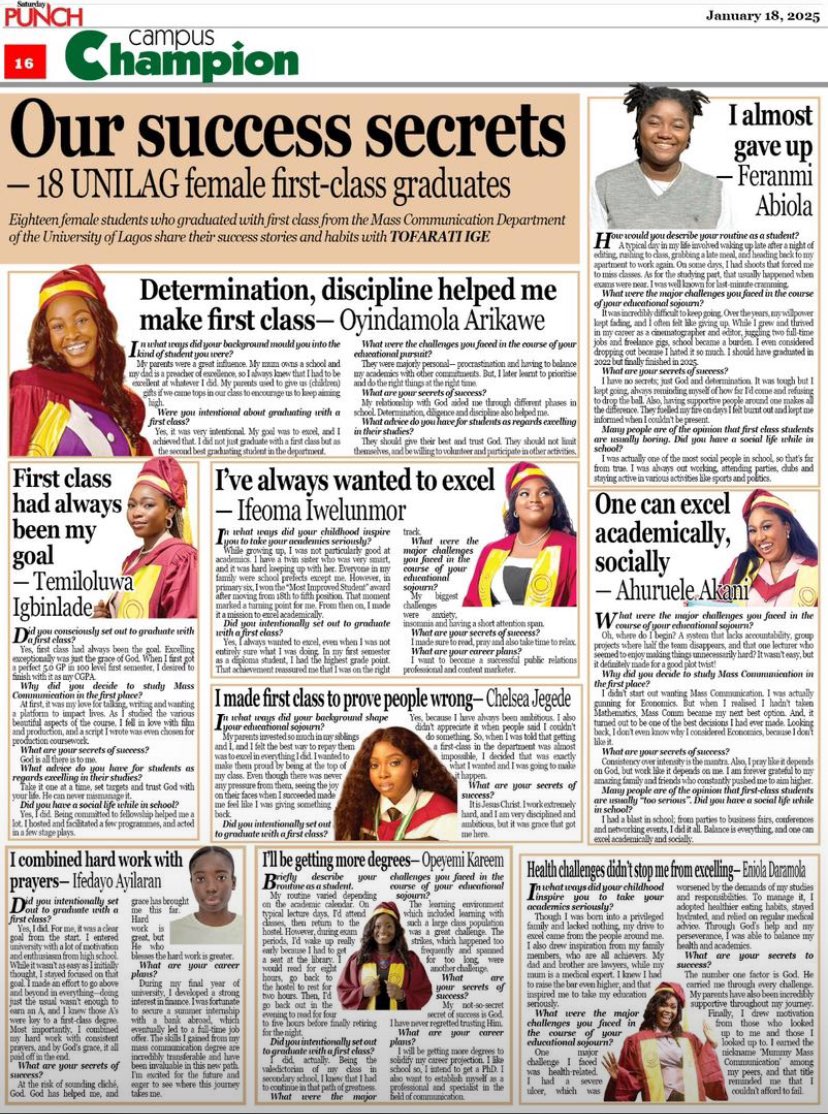 i_MofeRewaju's tweet photo. All 18 first class female graduates of Mass comm Unilag got featured on Punch Newspaper this weekend.

Check out our stories below: 
Tagging some of my girls 🤩
@joy_imanah @d_stinguished @TheFunmiBanjo @theferanmia @IfedayoAyilaran @IfyNgozzzi @ChelseaJegede @demilah11 https://t.co/hKt45RcPkE